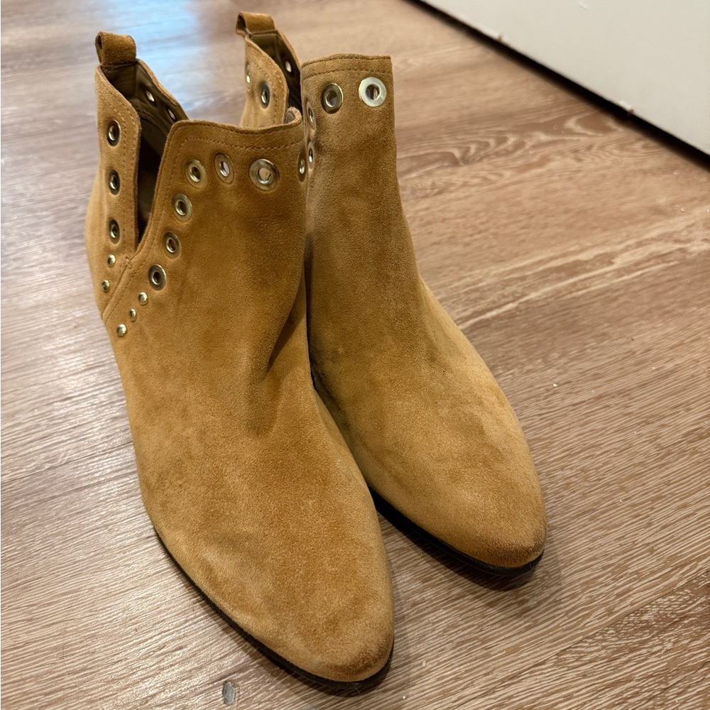 Tan Suede Ankle Boots with Gold Accents